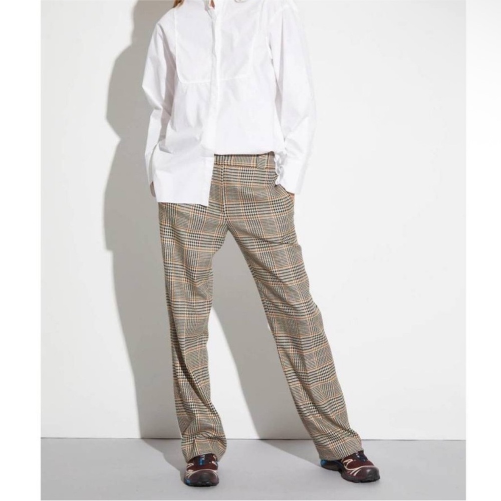 SAINT ART Nessa Tan Midrise Houndstooth Plaid Straight Wide Leg Pant Size S - Picture 4 of 8